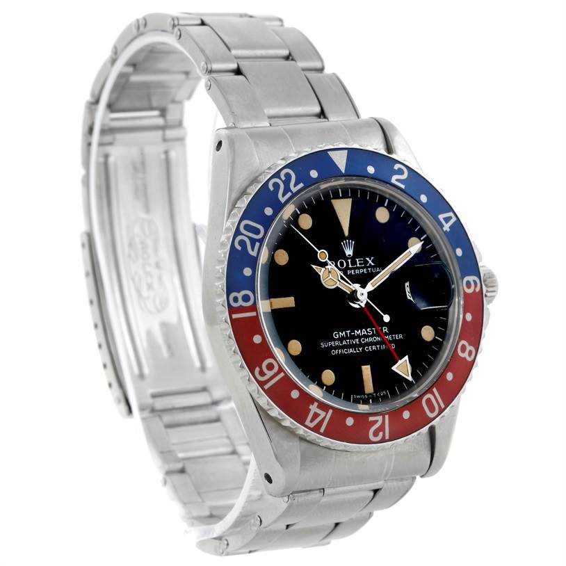 This image shows a Rolex Vintage Collection 1675 Men's Stainless Steel Black Dial 1675 Men's Stainless Steel Black Dial GMT-Master II watch from a three-quarter angle, highlighting its bezel, dial, and bracelet.