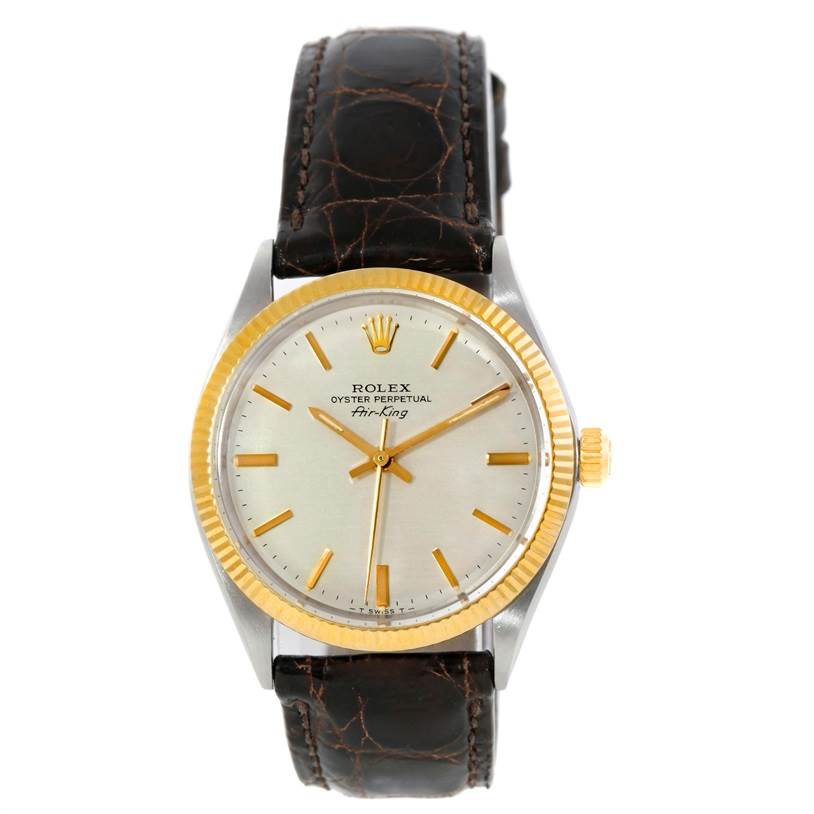 The image shows a front view of a Vintage Collection Rolex Air-King watch with a leather strap and a gold bezel.