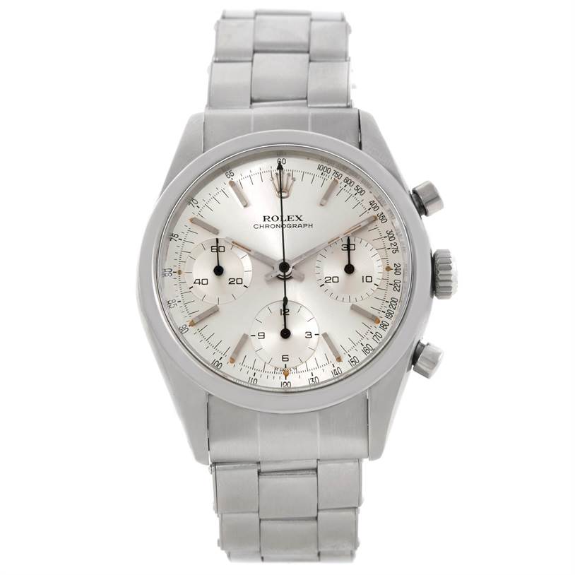 The image shows a frontal view of a Rolex Vintage Collection 6238 Men's Stainless Steel Silver Dial 6238 Men's Stainless Steel Silver Dial watch, including its dial, chronograph buttons, and metal bracelet.