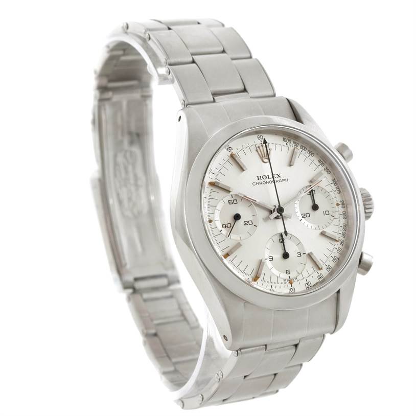 This image shows a front-side angled view of the Rolex Vintage Collection 6238 Men's Stainless Steel Silver Dial 6238 Men's Stainless Steel Silver Dial model watch, highlighting its face and metal bracelet.