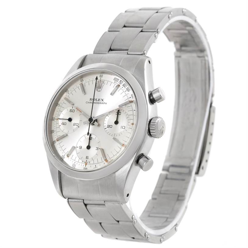 The image shows a Rolex Vintage Collection 6238 Men's Stainless Steel Silver Dial 6238 Men's Stainless Steel Silver Dial Chronograph watch, displayed at an angled side view highlighting the dial, case, and bracelet.
