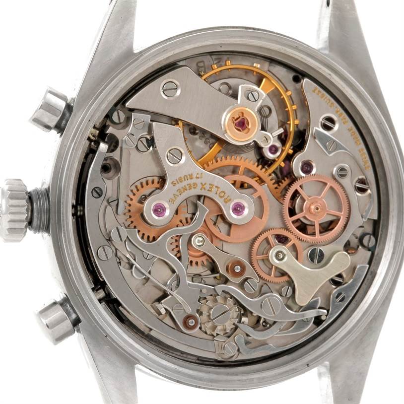 This image shows the intricate inner workings and movement mechanism of the Rolex Vintage Collection 6238 Men's Stainless Steel Silver Dial 6238 Men's Stainless Steel Silver Dial watch from a back view.