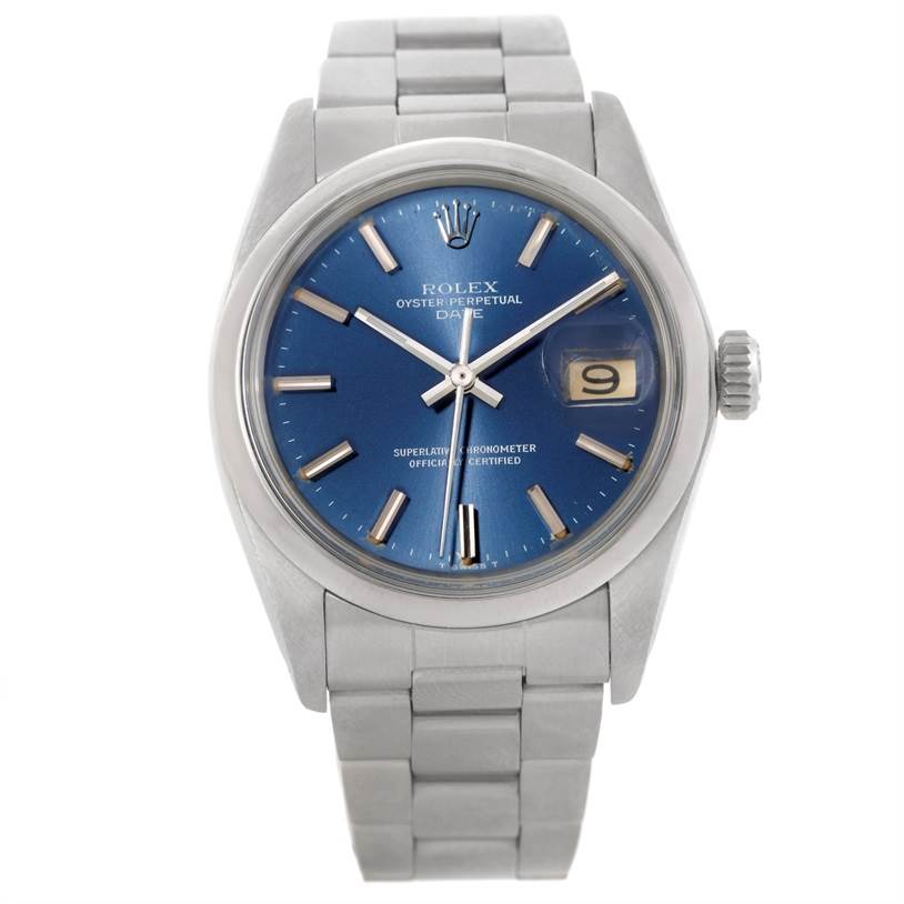 The image shows a front view of the Rolex Vintage Collection 1500 Men's Stainless Steel Blue Dial 1500 Men's Stainless Steel Blue Dial Oyster Perpetual Date watch, highlighting its blue dial and stainless steel bracelet.