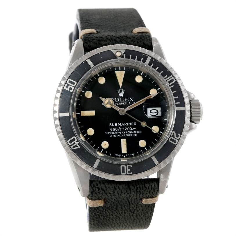 The image shows a front view of a Rolex Vintage Collection 1680 Men's Stainless Steel Black Dial 1680 Men's Stainless Steel Black Dial Submariner watch, displaying the face, bezel, crown, and strap.