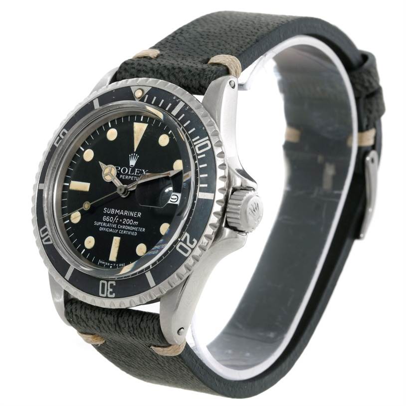 The image shows a Rolex Vintage Collection 1680 Men's Stainless Steel Black Dial 1680 Men's Stainless Steel Black Dial Submariner watch at an angled side view revealing the face, bezel, crown, and strap.