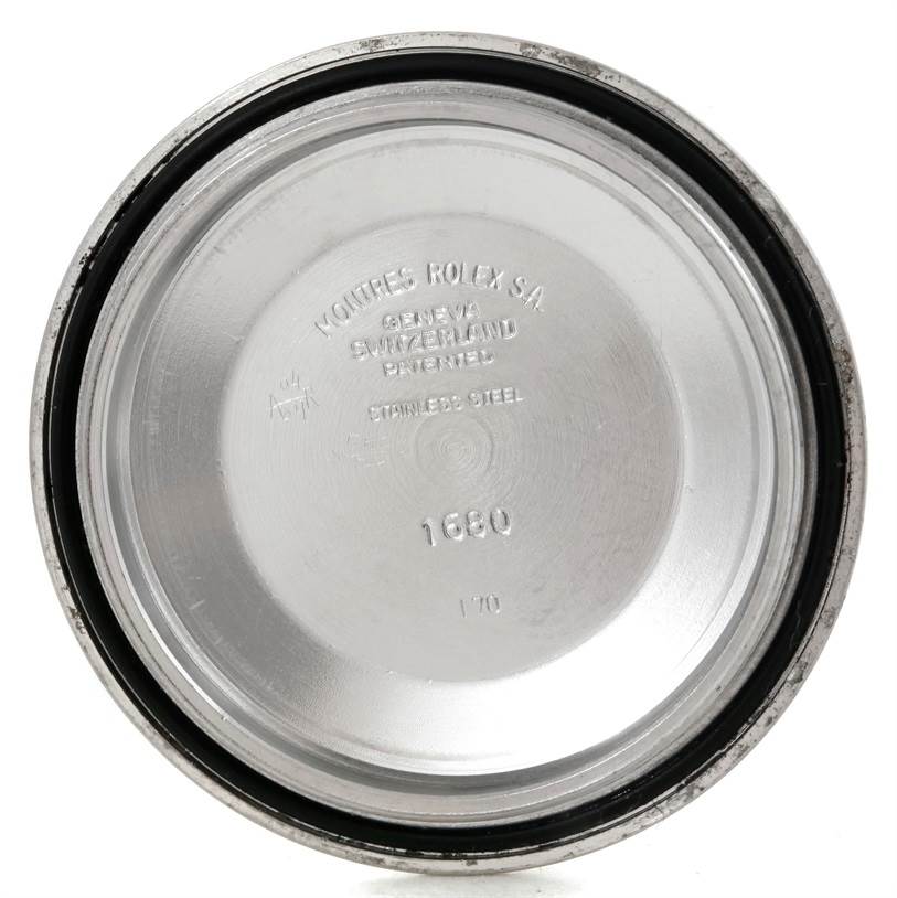 This image shows the inside of the case back for a Rolex Vintage Collection 1680 Men's Stainless Steel Black Dial 1680 Men's Stainless Steel Black Dial model 1680.