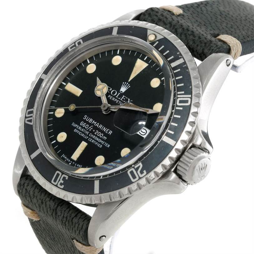The image shows a front and side view of a Rolex Vintage Collection 1680 Men's Stainless Steel Black Dial 1680 Men's Stainless Steel Black Dial Submariner watch, highlighting the bezel, dial, and crown.