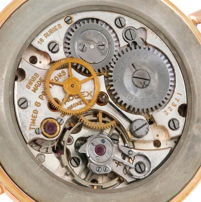 This image shows a close-up of the movement and internal mechanisms of a Vintage Collection model by Rolex.