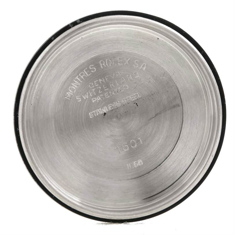 This image shows the inner side of the case back of a Rolex Vintage Collection 1601 Stainless Steel Silver Dial 1601 Stainless Steel Silver Dial watch, model number 1601.
