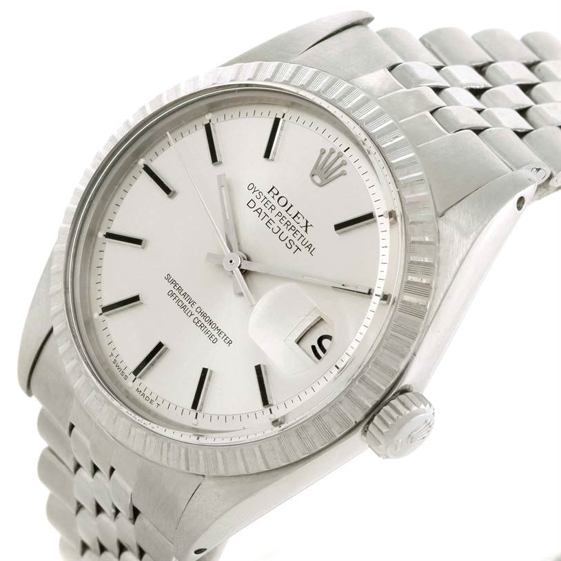 The image shows the Rolex Vintage Collection 1601 Stainless Steel Silver Dial 1601 Stainless Steel Silver Dial Datejust watch from a slightly tilted top-down angle, highlighting the face, bezel, and part of the bracelet.