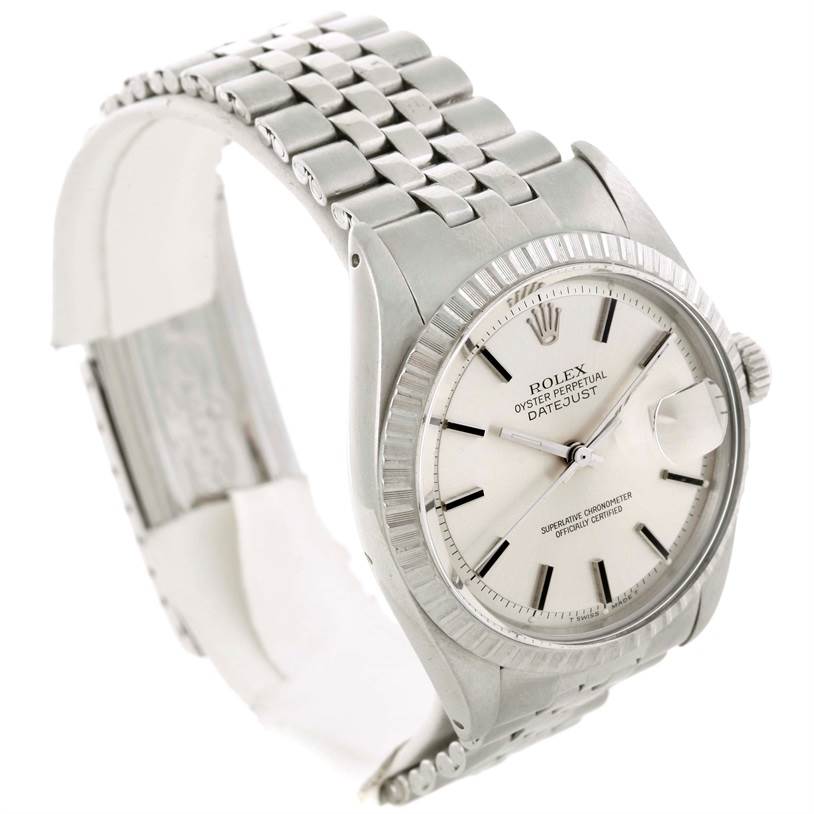 The watch is a Rolex Vintage Collection 1601 Stainless Steel Silver Dial 1601 Stainless Steel Silver Dial model shown from an angled side view, displaying the watch face, bezel, and band.