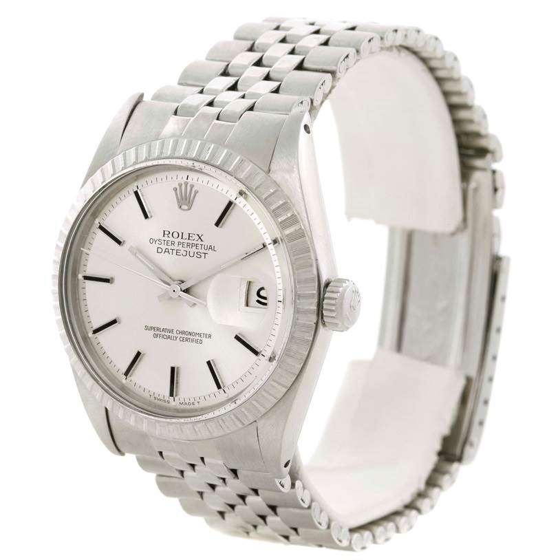 The image shows a Rolex Vintage Collection 1601 Stainless Steel Silver Dial 1601 Stainless Steel Silver Dial Datejust watch from a front angle, displaying its face, bezel, crown, and strap.