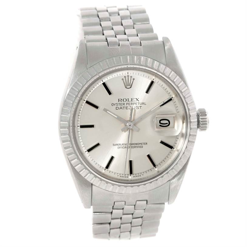 The Rolex Vintage Collection 1601 Stainless Steel Silver Dial 1601 Stainless Steel Silver Dial model is shown from a front angle, highlighting the face, bezel, crown, and part of the bracelet.