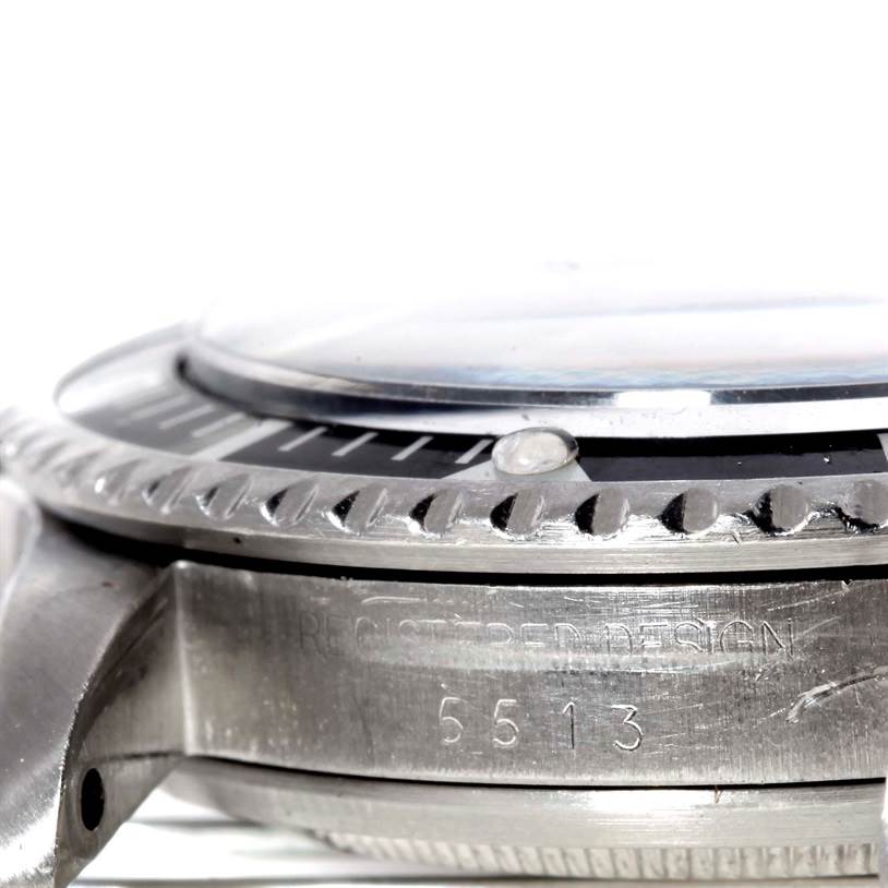 This image shows a close-up side view of a Rolex Vintage Collection 5513 Men's Stainless Steel Black Dial 5513 Men's Stainless Steel Black Dial model watch, focusing on the bezel and model number "5513."