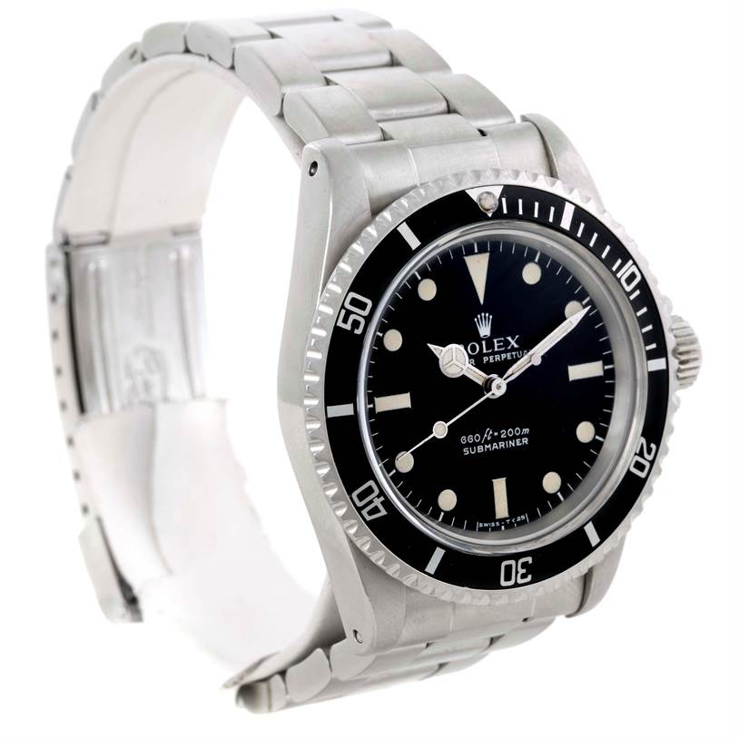The image shows a side-angle view of the Rolex Vintage Collection 5513 Men's Stainless Steel Black Dial 5513 Men's Stainless Steel Black Dial Submariner watch, highlighting its face, bezel, and bracelet.