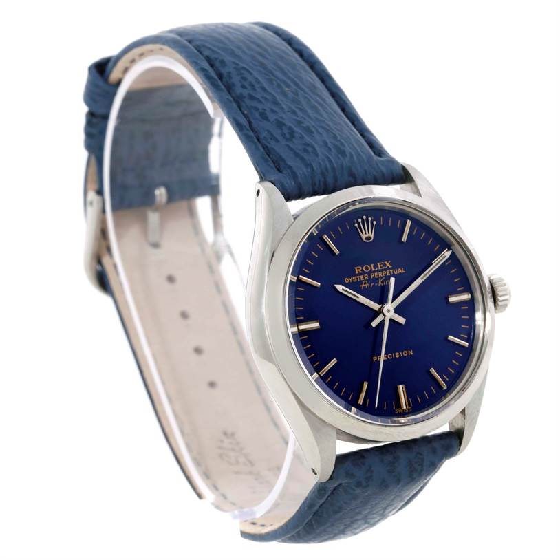 The Rolex Vintage Collection 5500 Men's Stainless Steel Blue Dial 5500 Men's Stainless Steel Blue Dial watch is shown at a three-quarter angle, highlighting its blue dial and leather strap.