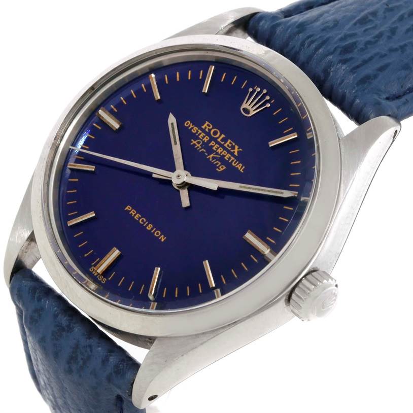 The image shows a close-up angled view of the Rolex Vintage Collection 5500 Men's Stainless Steel Blue Dial 5500 Men's Stainless Steel Blue Dial watch, highlighting the dial, hands, crown, and part of the strap.