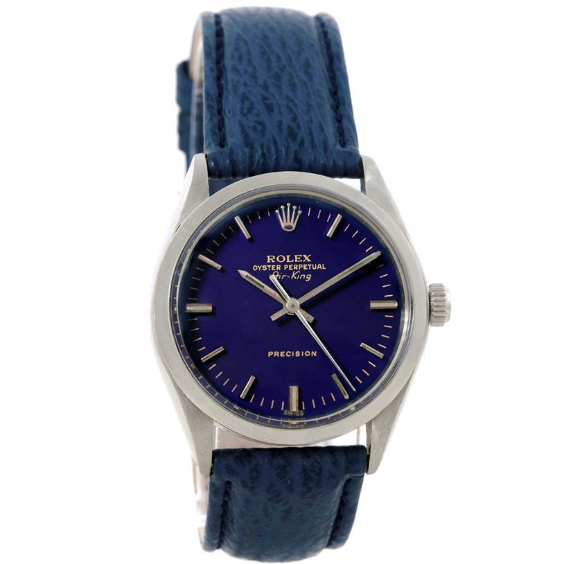 The Rolex Vintage Collection 5500 Men's Stainless Steel Blue Dial 5500 Men's Stainless Steel Blue Dial model is shown from the front, highlighting the blue dial, silver hands, and strap.