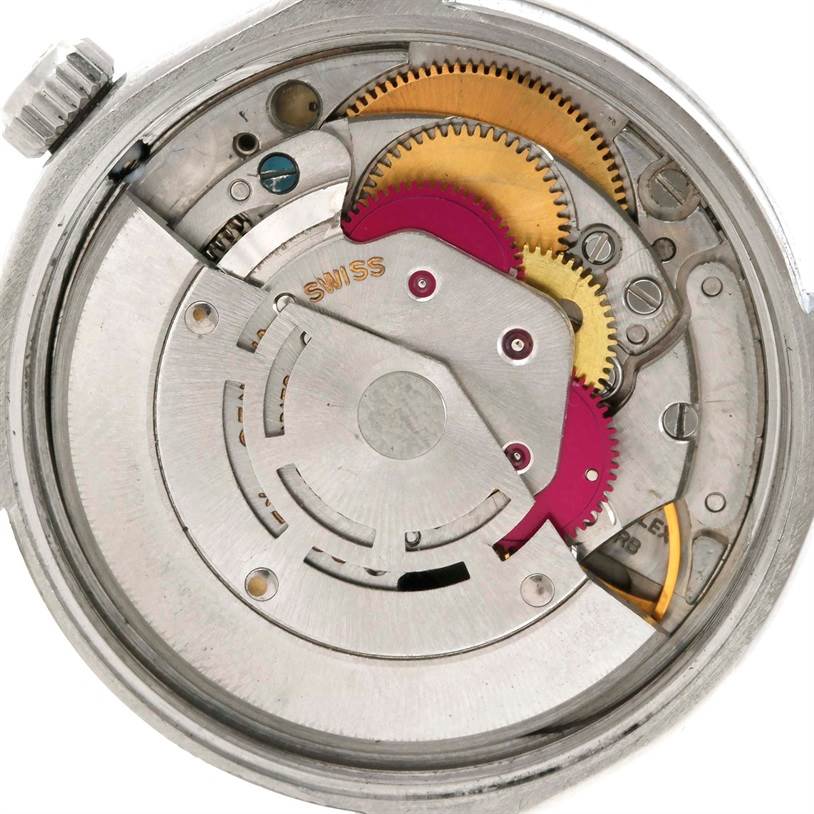 The image shows the internal movement parts of a Rolex Vintage Collection 5500 Men's Stainless Steel Blue Dial 5500 Men's Stainless Steel Blue Dial watch from a rear view angle.