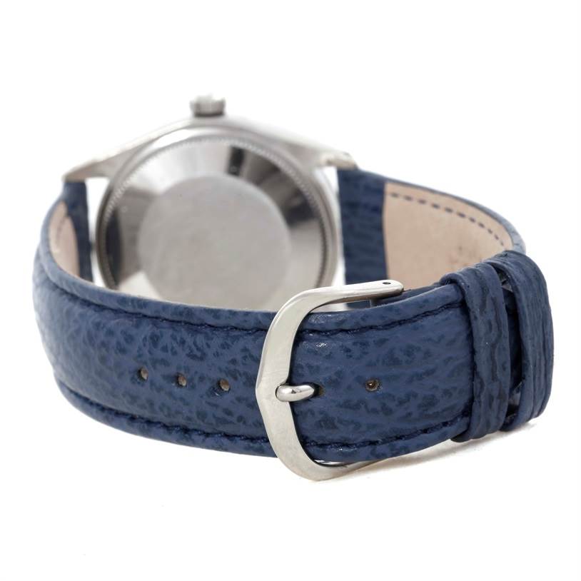 This image shows the back of a Rolex Vintage Collection 5500 Men's Stainless Steel Blue Dial 5500 Men's Stainless Steel Blue Dial watch, focusing on the blue leather strap and stainless steel buckle.