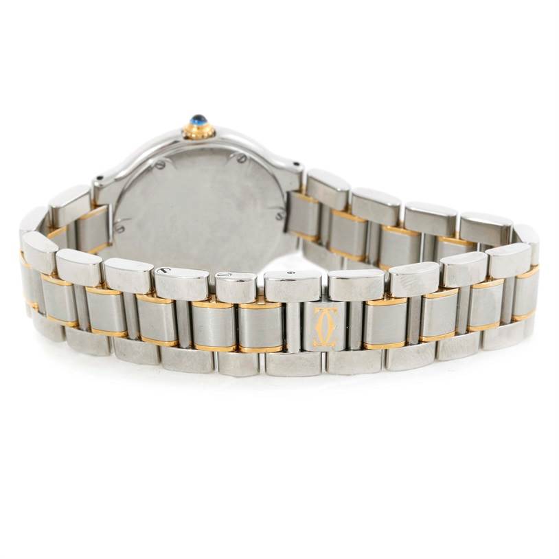 This image shows the back view of a Cartier Must 21 W10073R6 Women
s Stainless Steel Silver Dial W10073R6 Women
s Stainless Steel Silver Dial watch, highlighting its metal band and case back.