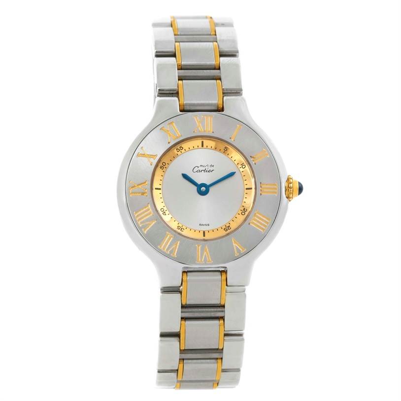 The image shows a front view of a Cartier Must 21 W10073R6 Women
s Stainless Steel Silver Dial W10073R6 Women
s Stainless Steel Silver Dial model watch, showcasing its face and bracelet.