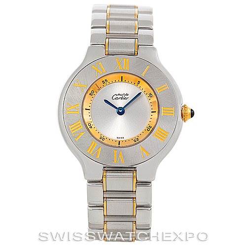 This image shows a frontal view of the Cartier Must 21 W10073R6 Men's Stainless Steel Silver Dial W10073R6 Men's Stainless Steel Silver Dial watch, highlighting its dial, bezel, and metal bracelet with gold accents.