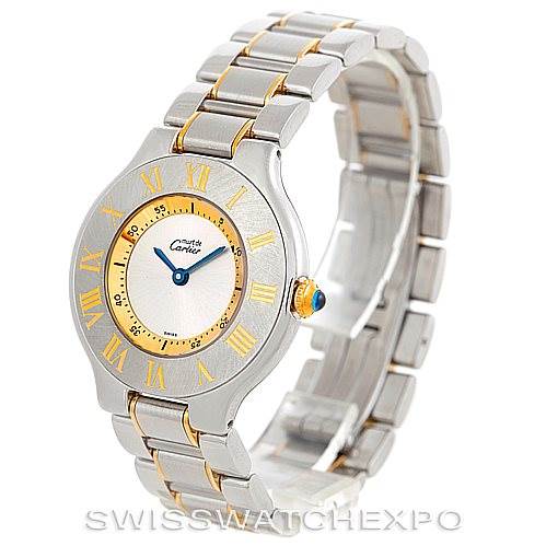 The image shows a close-up of the Cartier Must 21 W10073R6 Men's Stainless Steel Silver Dial W10073R6 Men's Stainless Steel Silver Dial watch from an angled view, displaying the face, bezel, and bracelet.