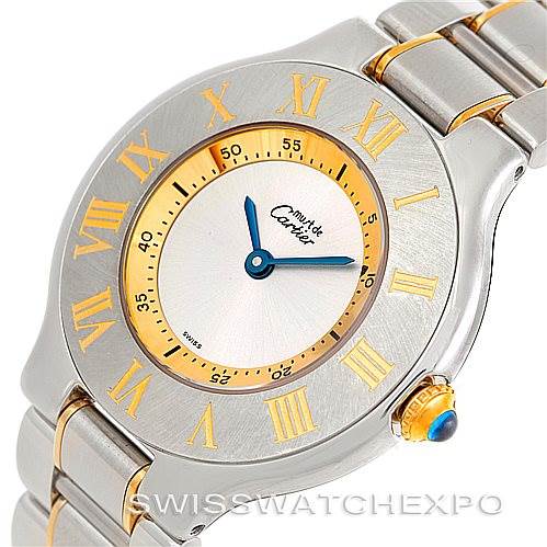 This image shows a top-down view of the Cartier Must 21 W10073R6 Men's Stainless Steel Silver Dial W10073R6 Men's Stainless Steel Silver Dial watch, highlighting its face, bezel, crown, and part of its bracelet.