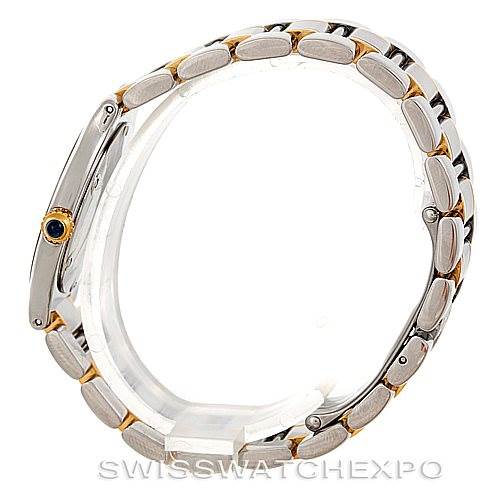 The image shows a side view of the Cartier Must 21 W10073R6 Men's Stainless Steel Silver Dial W10073R6 Men's Stainless Steel Silver Dial watch, highlighting its stainless steel and gold-tone bracelet and case.