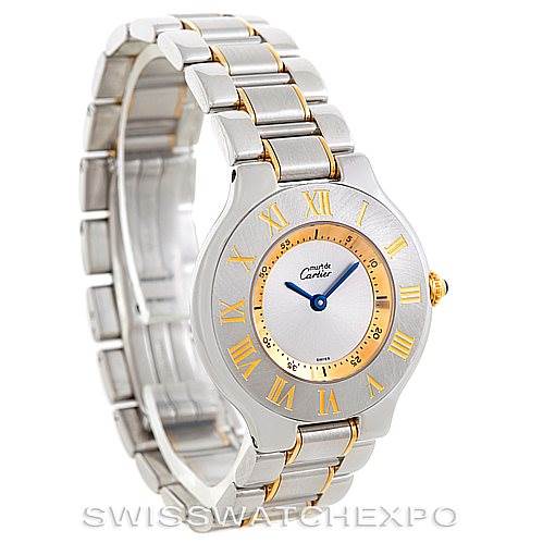 This image shows a Cartier Must 21 W10073R6 Men's Stainless Steel Silver Dial W10073R6 Men's Stainless Steel Silver Dial watch at an angle displaying its full face and bracelet.