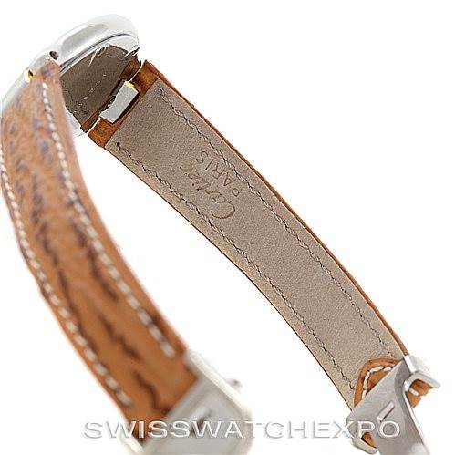 This image shows the side view of the leather strap on a Cartier Must 21 W1007323 Men's Stainless Steel Silver Dial W1007323 Men's Stainless Steel Silver Dial watch, highlighting the stitching and the "Cartier Paris" engraving on the inside.