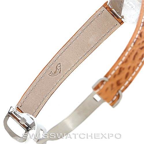 The image shows the underside of a Cartier Must 21 W1007323 Men's Stainless Steel Silver Dial W1007323 Men's Stainless Steel Silver Dial watch strap, highlighting the stitching and clasp.