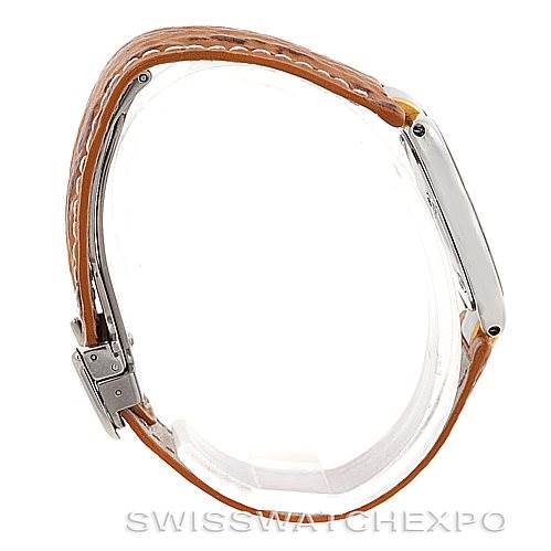 The image shows a side view of a Cartier Must 21 W1007323 Men's Stainless Steel Silver Dial W1007323 Men's Stainless Steel Silver Dial watch with its leather strap and clasp prominently displayed.