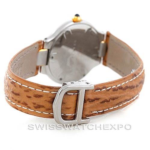 The image shows the rear view of a Cartier Must 21 W1007323 Men's Stainless Steel Silver Dial W1007323 Men's Stainless Steel Silver Dial watch, highlighting the leather band and the buckle.