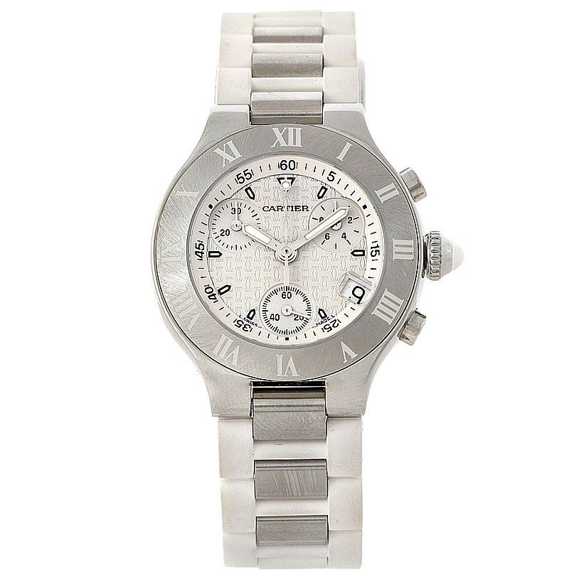 The image shows a top-down view of the Cartier Must 21 W10197U2 Women's Stainless Steel Silver Dial W10197U2 Women's Stainless Steel Silver Dial watch, highlighting its face, bracelet, and side buttons.