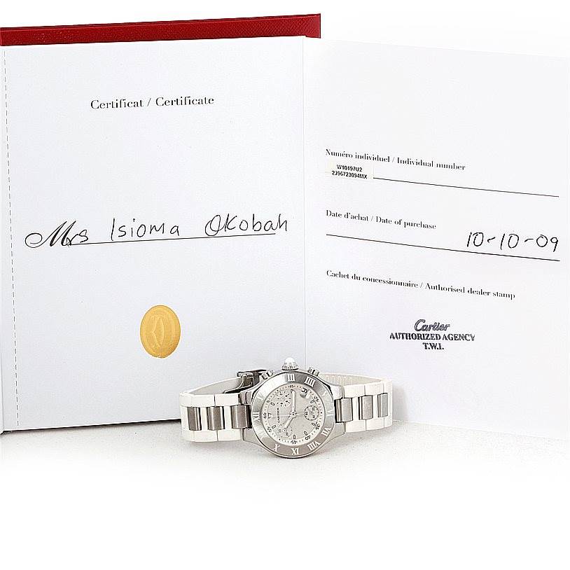 The image displays a Cartier Must 21 W10197U2 Women's Stainless Steel Silver Dial W10197U2 Women's Stainless Steel Silver Dial watch shown from the front, along with its certification and purchase details.