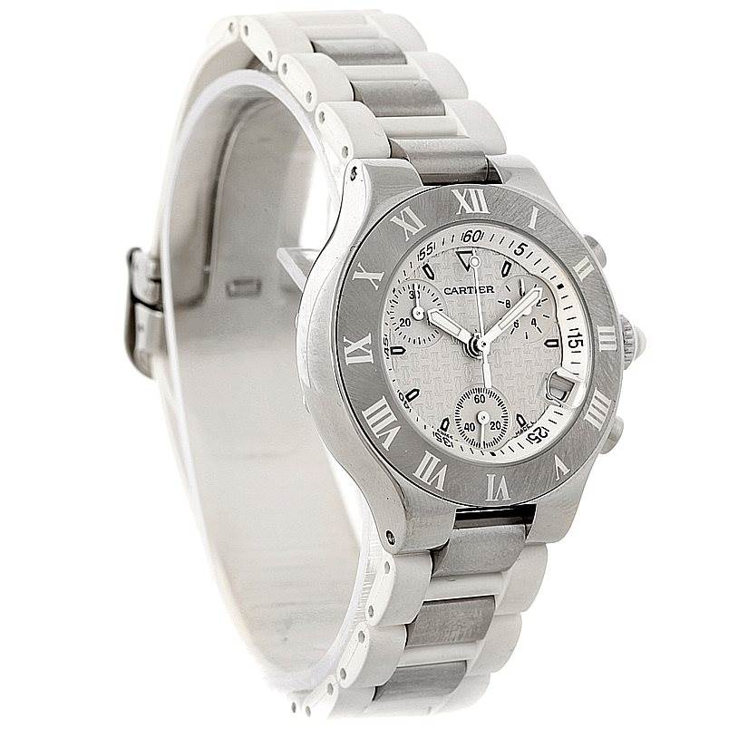The image shows a Cartier Must 21 W10197U2 Women's Stainless Steel Silver Dial W10197U2 Women's Stainless Steel Silver Dial watch at a three-quarter angle, highlighting its face, bracelet, and clasp.