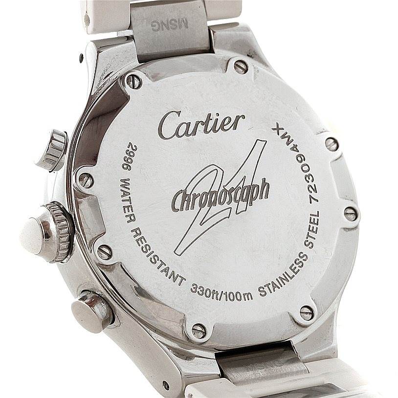 The image shows the back case and part of the bracelet of a Cartier Must 21 W10197U2 Women's Stainless Steel Silver Dial W10197U2 Women's Stainless Steel Silver Dial Chronoscaph watch.