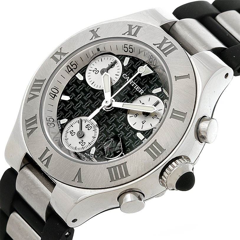 This image shows a Cartier Must 21 W10198U2 Women's Stainless Steel Black Dial W10198U2 Women's Stainless Steel Black Dial model watch from an angled view, highlighting the bezel, dial, subdials, and crown.