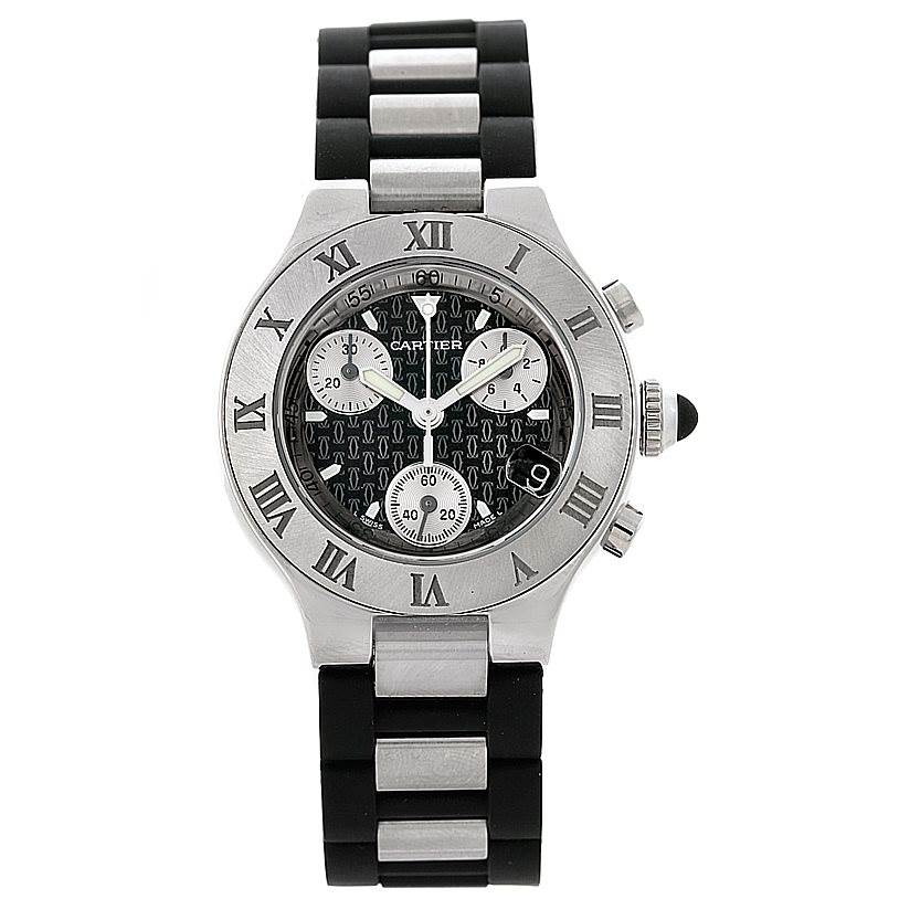 The Cartier Must 21 W10198U2 Women's Stainless Steel Black Dial W10198U2 Women's Stainless Steel Black Dial watch is shown in a front-facing angle, displaying its dial, bezel, and bracelet.