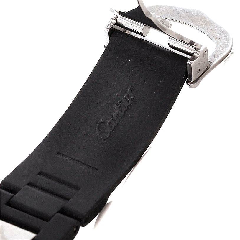 This image shows the black strap and clasp of a Cartier Must 21 W10198U2 Women's Stainless Steel Black Dial W10198U2 Women's Stainless Steel Black Dial watch from an angled perspective.