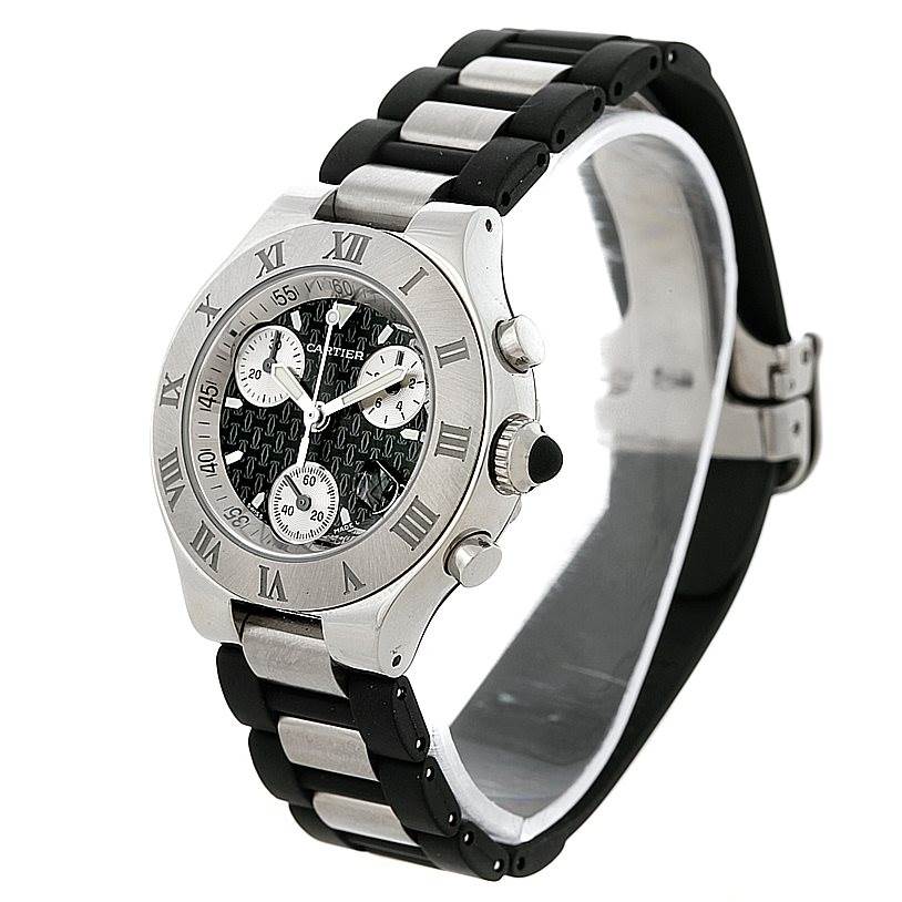 The image shows a side-angle view of the Cartier Must 21 W10198U2 Women's Stainless Steel Black Dial W10198U2 Women's Stainless Steel Black Dial watch, highlighting its face, bezel, and bracelet.