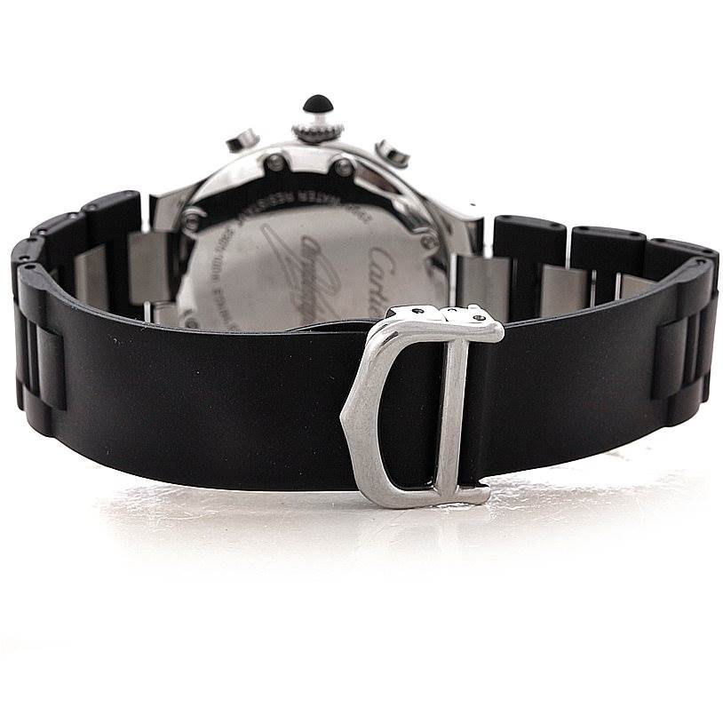 The image shows the rear view of a Cartier Must 21 W10198U2 Women's Stainless Steel Black Dial W10198U2 Women's Stainless Steel Black Dial watch, focusing on the clasp and part of the black strap.