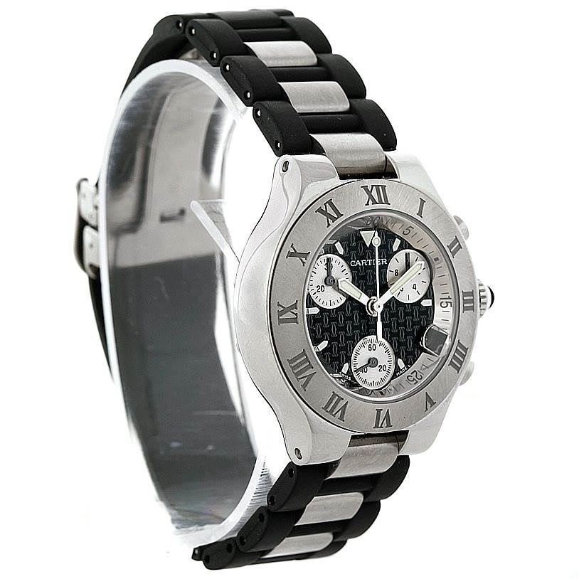 This Cartier Must 21 W10198U2 Women's Stainless Steel Black Dial W10198U2 Women's Stainless Steel Black Dial model watch is shown at a side angle, highlighting its band, face, bezel, and Roman numerals.