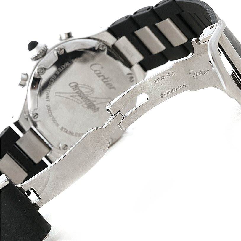 This image shows the back case and clasp of a Cartier Must 21 W10198U2 Women's Stainless Steel Black Dial W10198U2 Women's Stainless Steel Black Dial watch, highlighting its stainless steel details.