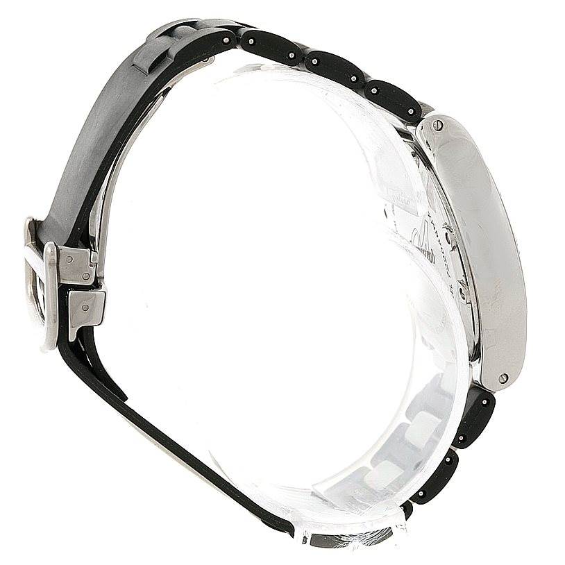 The Cartier Must 21 W10198U2 Women's Stainless Steel Black Dial W10198U2 Women's Stainless Steel Black Dial watch is shown from a side angle, highlighting the bracelet and clasp.