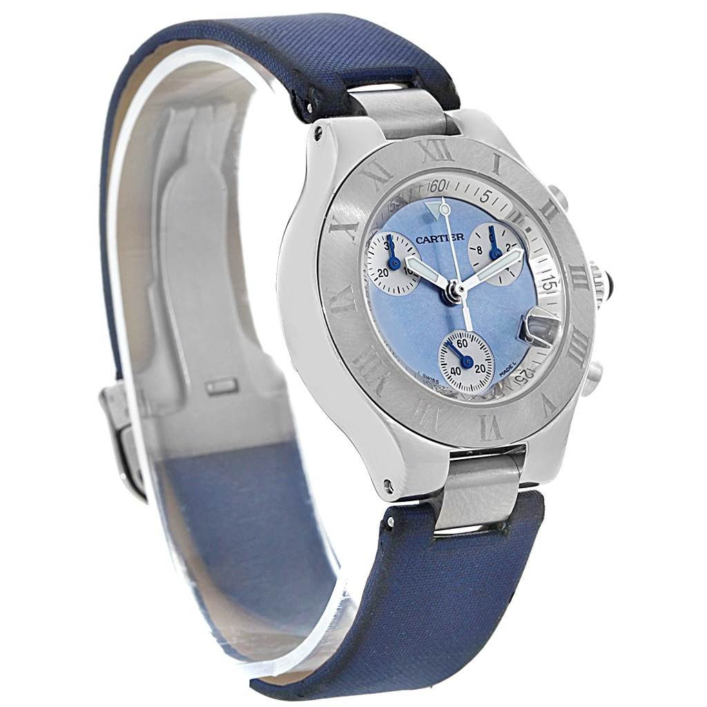 The Cartier Must 21 W1020013 Women's Stainless Steel Silver Dial W1020013 Women's Stainless Steel Silver Dial watch is shown at an angled view, displaying its blue face, stainless steel case, and blue strap.