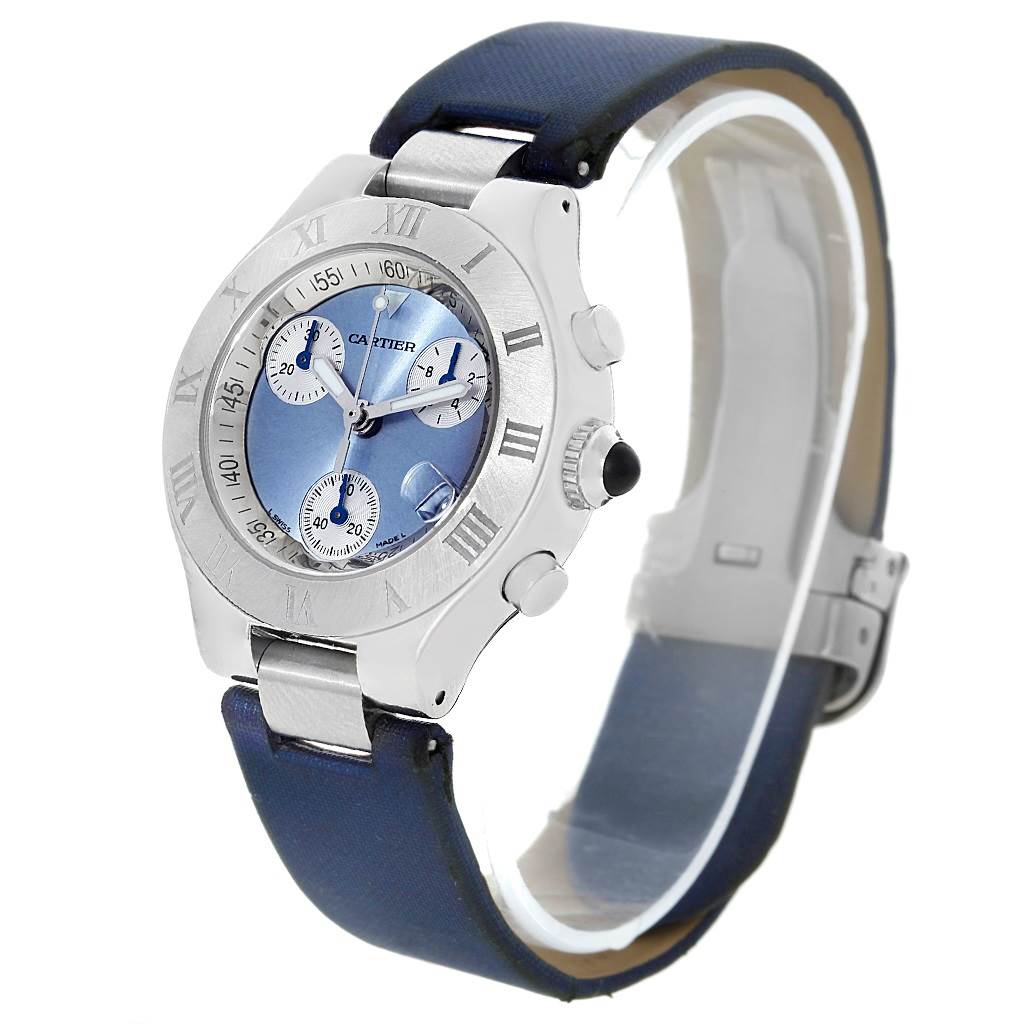 The Cartier Must 21 W1020013 Women's Stainless Steel Silver Dial W1020013 Women's Stainless Steel Silver Dial watch is shown at a slight angle, displaying the face, bezel, crown, and part of the strap.