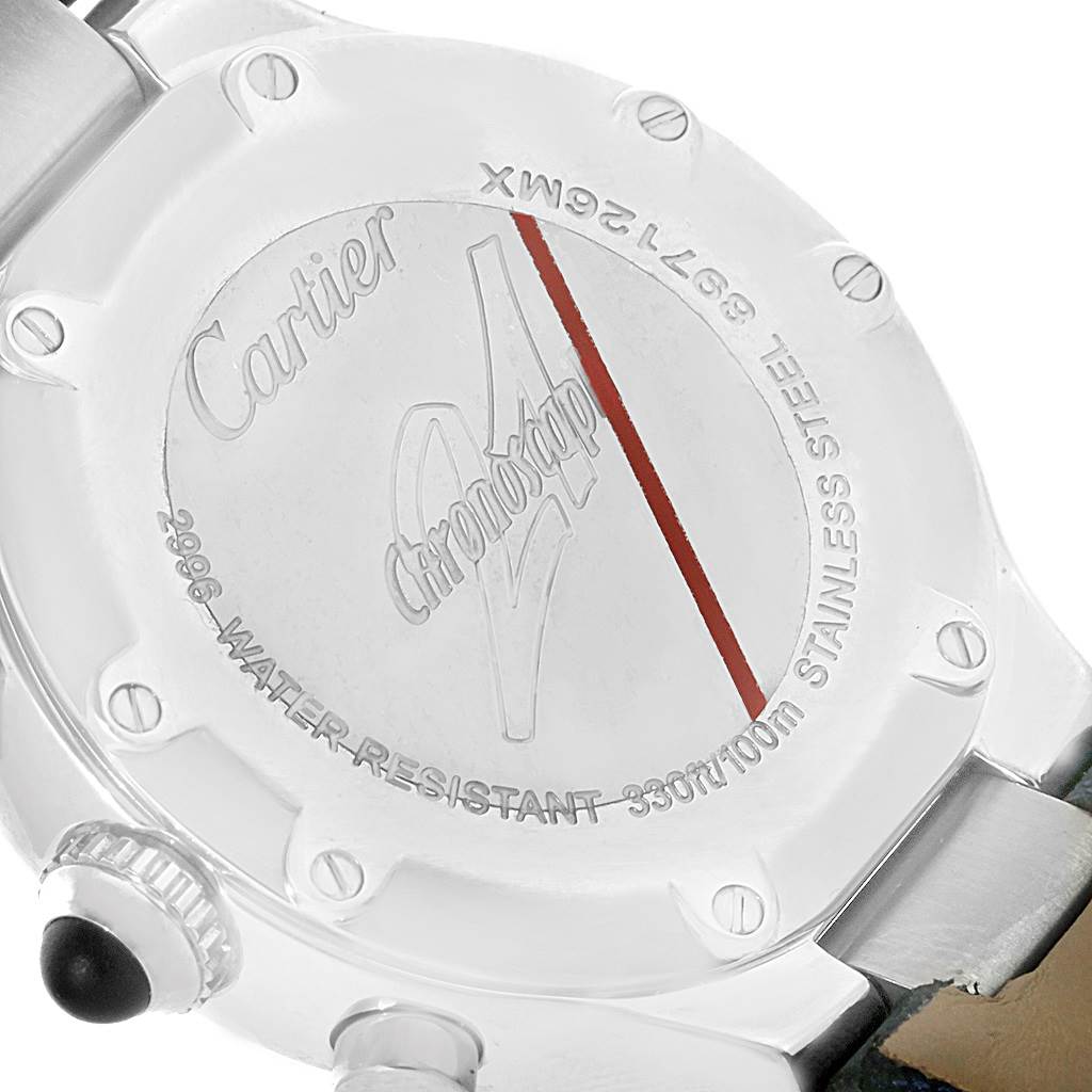 The image shows the back case of a Cartier Must 21 W1020013 Women's Stainless Steel Silver Dial W1020013 Women's Stainless Steel Silver Dial watch, focusing on the engraved logos and markings.